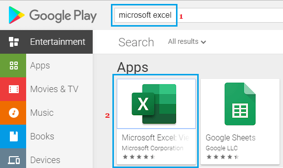 在 Google Play 商店中搜索 Microsoft Excel 应用程序