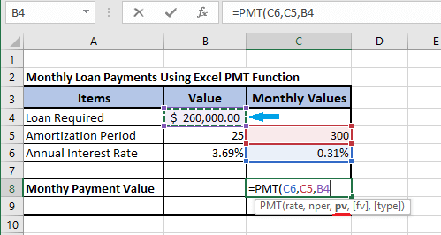 在 Excel PMT 公式中输入贷款现值