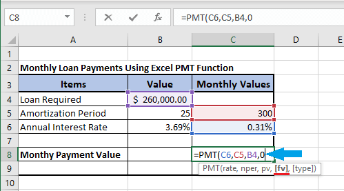 在 Excel PMT 公式中输入未来贷款值