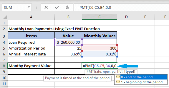 在 PMT 公式中输入类型
