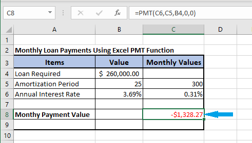 使用 Excel PMT 函数的每月抵押付款