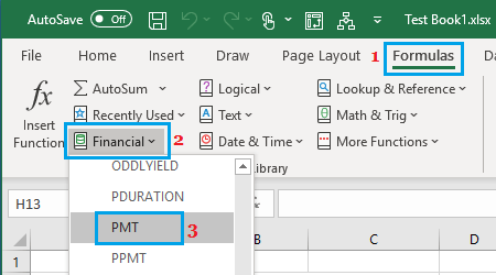 从 Excel 中的公式选项卡获取 PMT 函数