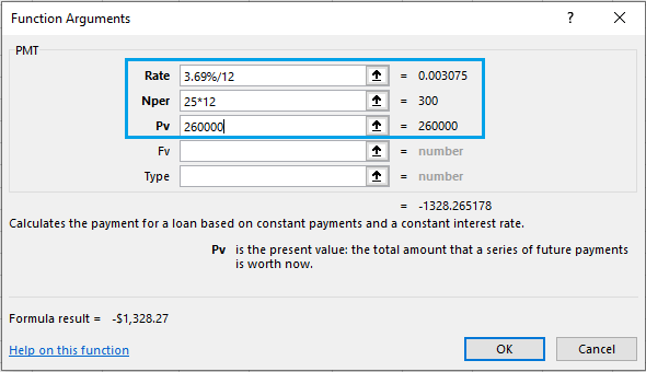 Excel 中的 PMT 函数参数框