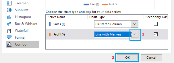 在 Excel 中更改图表类型选项