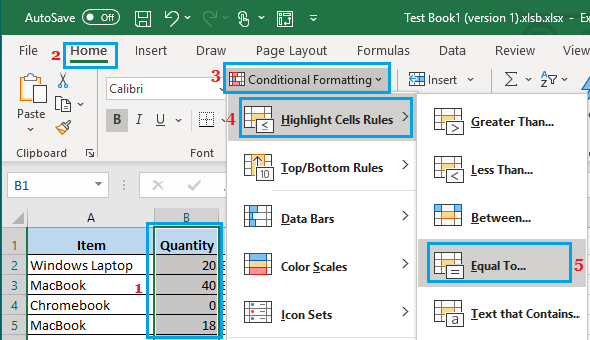 等于 Excel 条件格式中的选项