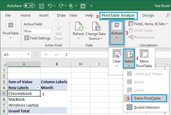 在 Excel 中选择整个数据透视表选项