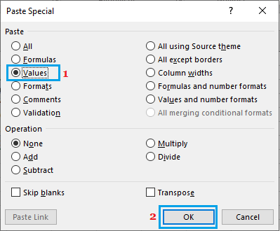 在 Excel 中粘贴特殊对话框