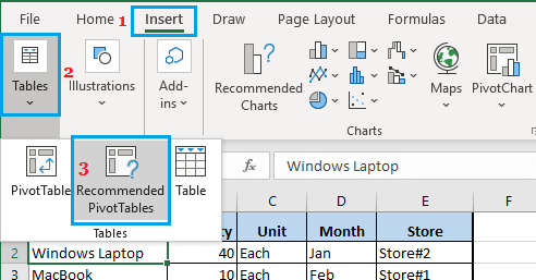 在 Excel 中插入推荐的数据透视表