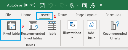 在 Excel 中插入数据透视表选项