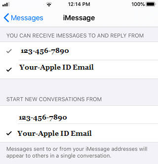 iMessage 发送和接收设置屏幕