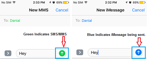 蓝色 iMessage 和绿色常规 SMS 文本消息发送按钮