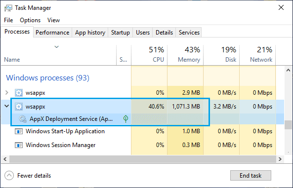 Windows 任务管理器中 WSAPPX 的高 CPU 使用率