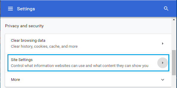 Chrome 浏览器中的站点设置选项