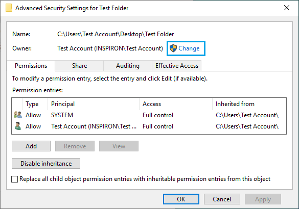 在 Windows 中更改文件夹所有者选项