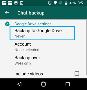 WhatsApp 设置屏幕上的备份到 Google Drive 选项