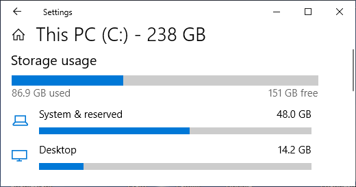 Windows 设置屏幕上的设备存储详细信息