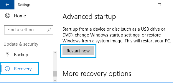 Windows 10 设置屏幕上的恢复选项