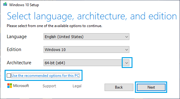 选择 Windows 语言、体系结构和版本