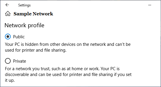 在 Windows 10 中选择公共或专用网络