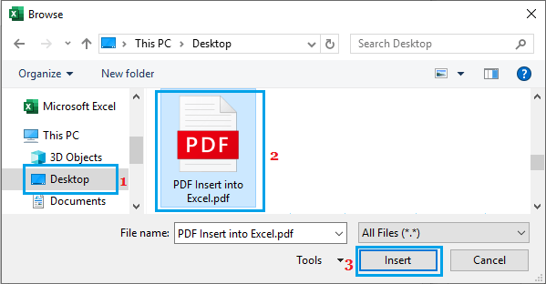 选择要插入到 Excel 中的 PDF 文件