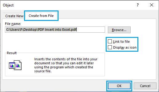 Excel 中的对象插入选项