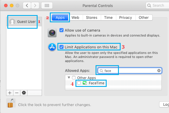 Mac 家长控制屏幕上的限制应用程序选项
