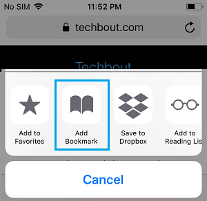添加到 iPhone Safari 浏览器上的书签选项