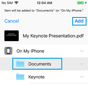 将 Keynote 文件添加到 iPhone 上的文档文件夹
