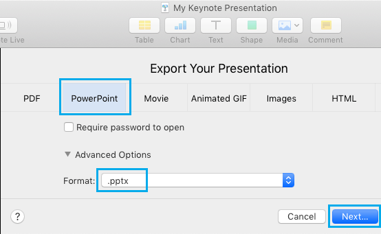 Mac 上的 Keynote 演示文稿导出选项