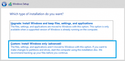 选择自定义 Windows 10 安装选项