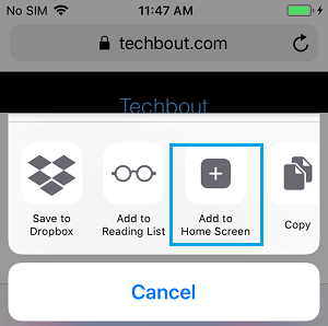 在 iPhone 上的 Safari 中添加到主屏幕选项