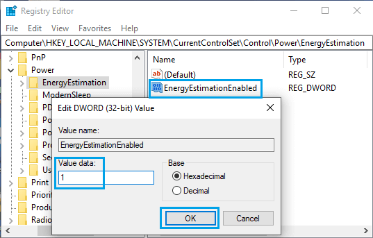 编辑 EnergyEstimationEnabled DWORD