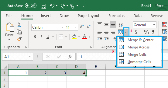 Excel 中的合并单元格选项