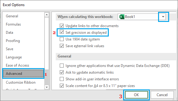 在 Excel 选项屏幕中设置舍入精度