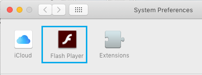 Mac 系统首选项屏幕上的 Flash Player 选项卡