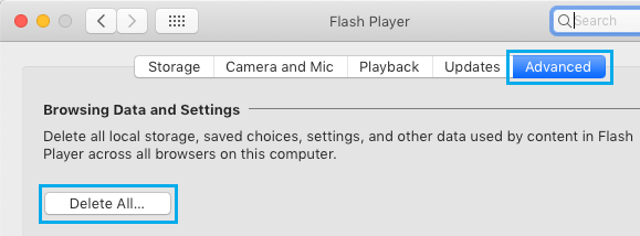 删除 Flash Player Mac 上的所有浏览数据和设置