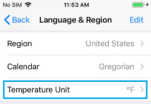 iPhone 上的温度单位设置选项