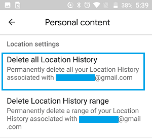 删除 Google 帐户 Android 中的所有位置记录选项