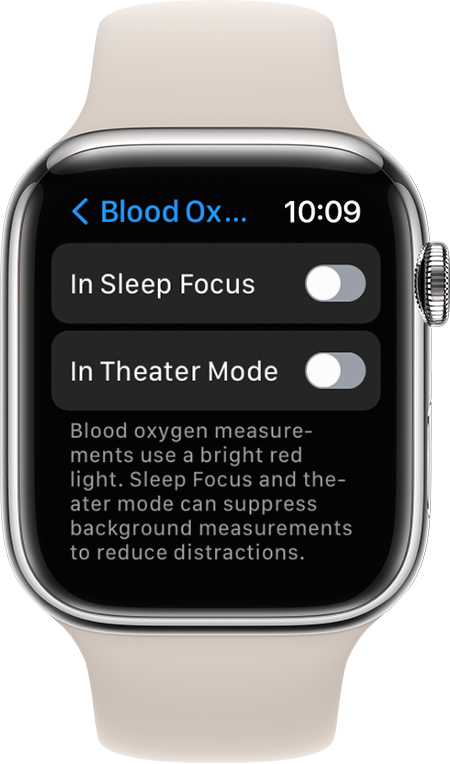 Apple Watch Series 7 上血氧设置的屏幕截图。