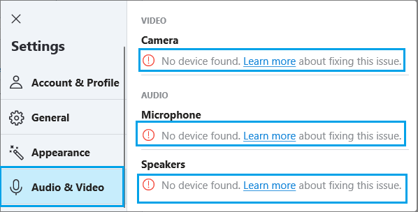 音频和视频屏幕上的 Skype 错误消息