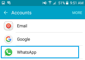 Android 手机帐户屏幕上的 WhatsApp 选项卡