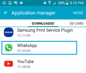Android 手机上应用程序管理器屏幕中的 WhatsApp