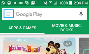 Android 手机上 Google Play 商店中的 3 行菜单图标