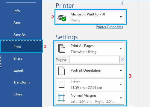 Microsoft Word 中的 PDF 打印机设置