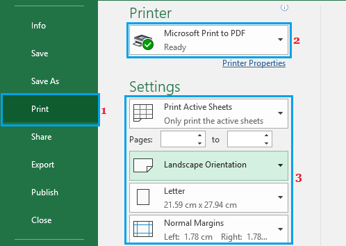 Microsoft Excel 中的 PDF 打印机设置选项