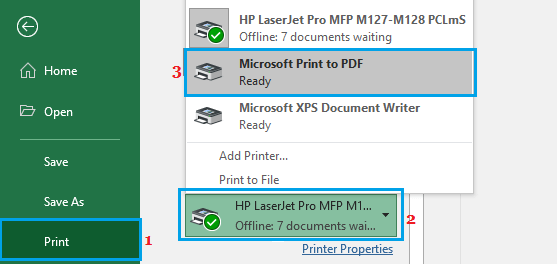 在 Microsoft Excel 中切换到 PDF 打印机