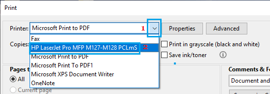 在 Adob​​e Acrobat 打印屏幕上选择打印机选项