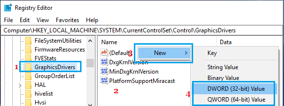 使用 Windows 注册表编辑器在 GraphicsDrivers 文件夹中创建新的 DWORD