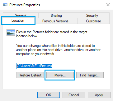 图片文件夹属性屏幕上的移动选项
