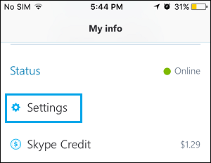 iPhone 上的 Skype 设置选项卡